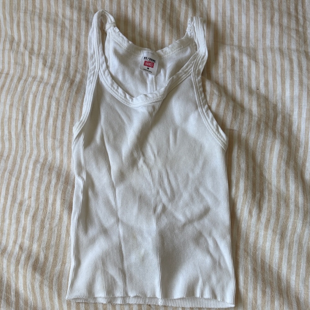 Re/Done White Ribbed Tank Top Cropped